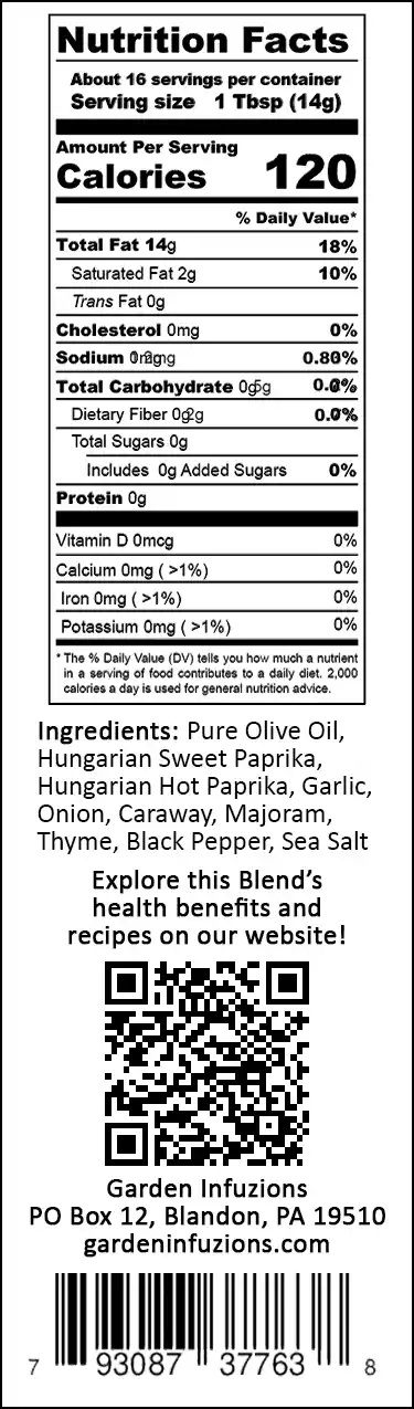 Garden Infuzions Hungarian Infused Olive Oil Nutrition Label