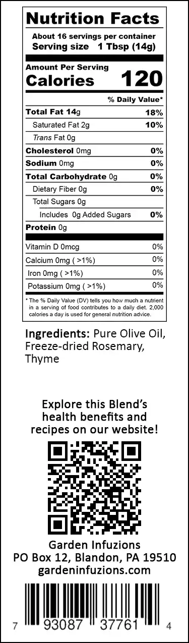Garden Infuzions Rosemary & Thyme Blend Infused Olive Oil Nutrition Label