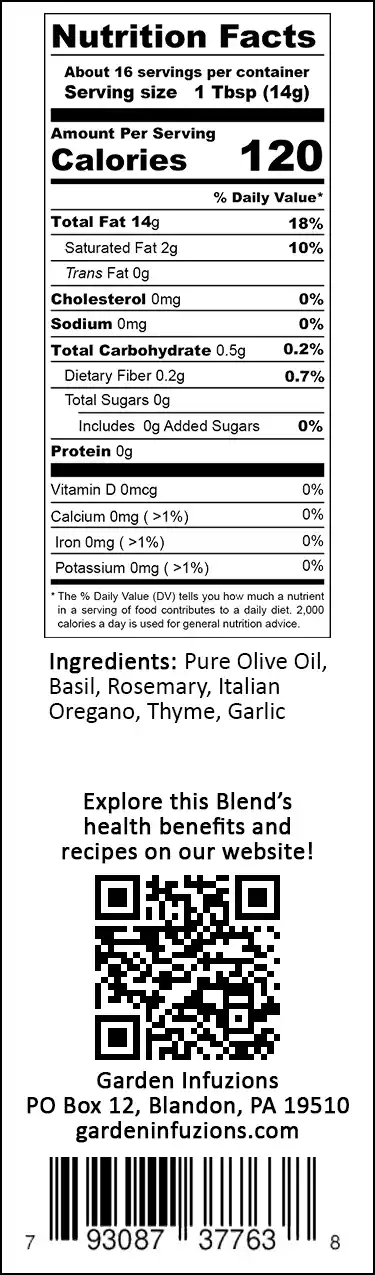 Garden Infuzions Tuscan Infused Olive Oil Nutrition Label