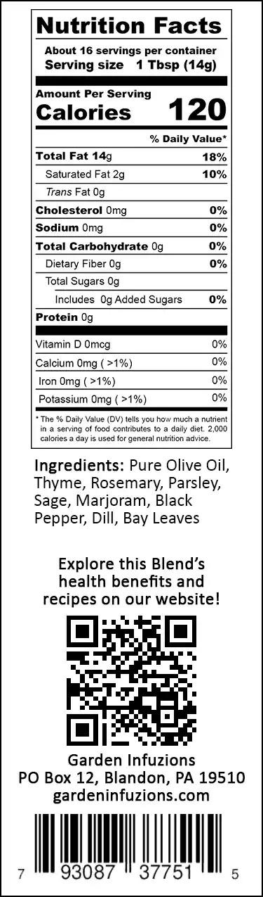 Garden Infuzions British Blend Infused Olive Oil Nutrition Label
