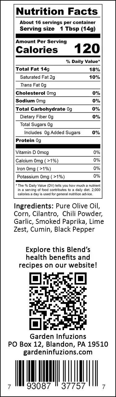 Garden Infuzions Mexican Street Corn Infused Olive Oil Nutrition Label