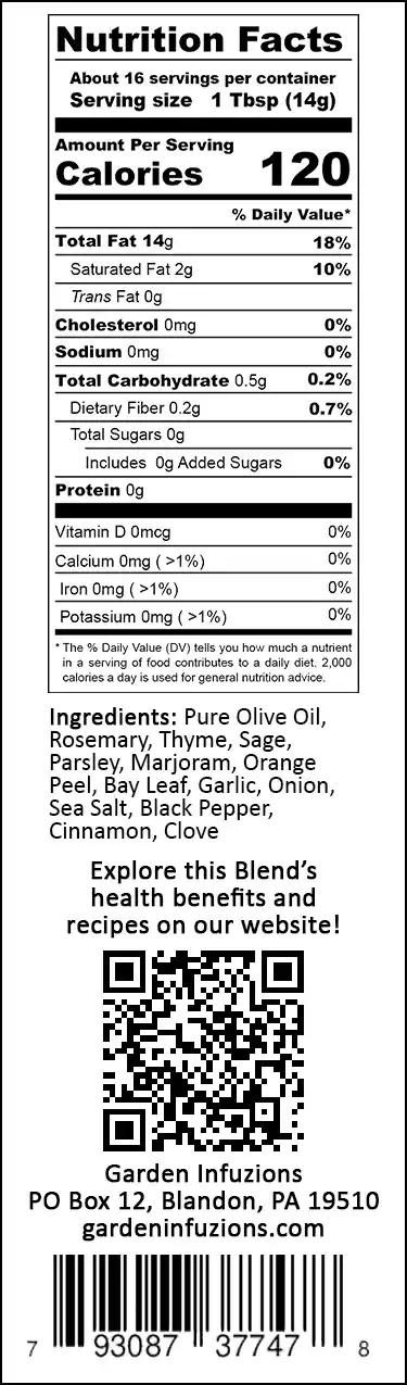 Garden Infuzions Holiday Harvest Infused Olive Oil Nutrition Label