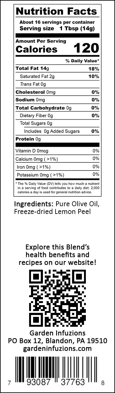 Garden Infuzions Lemon Infused Olive Oil Nutrition Label