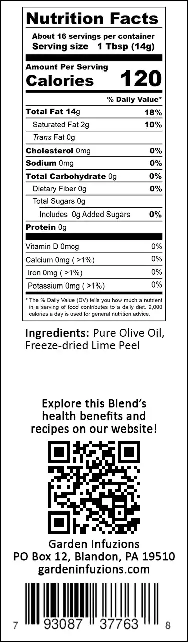 Garden Infuzions Lime Infused Olive Oil Nutrition Label