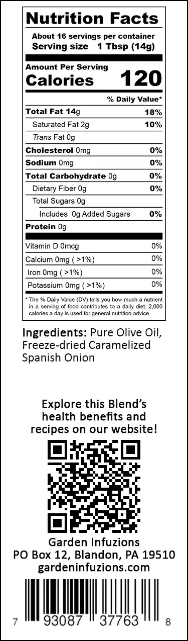 Garden Infuzions Caramelized Onion Infused Olive Oil Nutrition Label