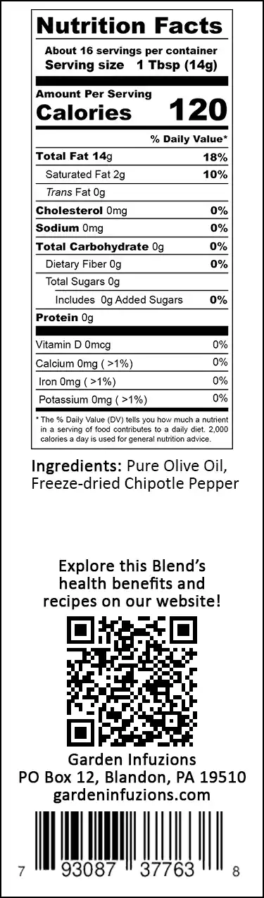Garden Infuzions Chipotle Infused Olive Oil Nutrition Label