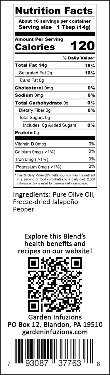 Garden Infuzions Jalapeño Infused Olive Oil Nutrition Label