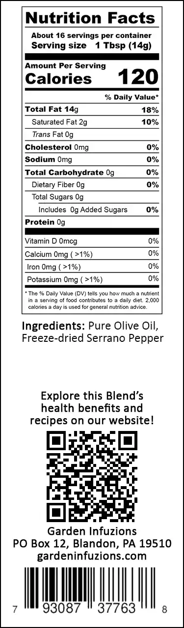 Garden Infuzions Serrano Pepper Infused Olive Oil Nutrition Label