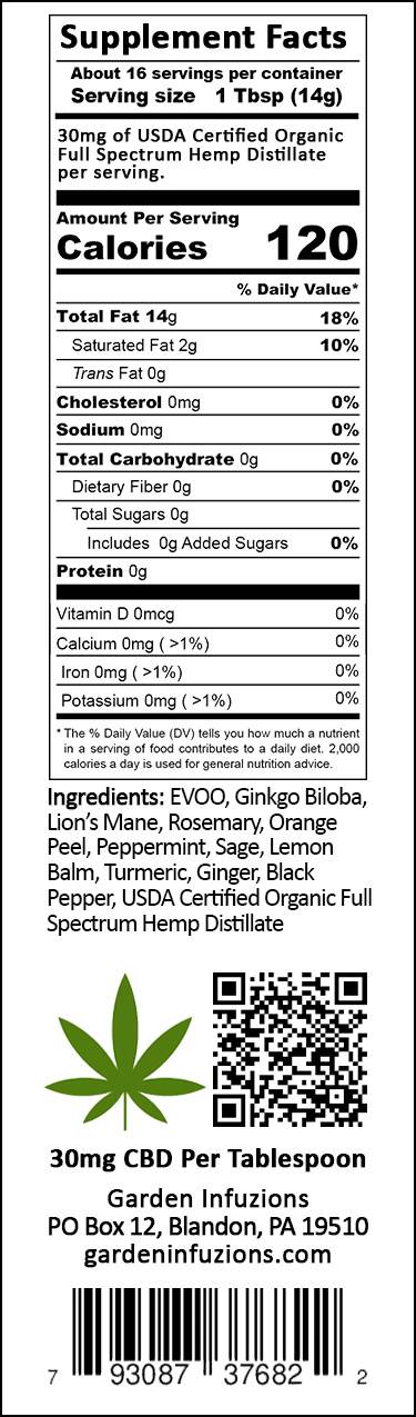 Garden Infuzions Hemp Memory Blend Nutrition Label