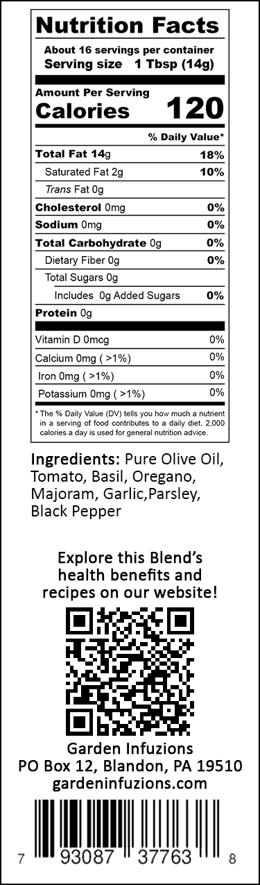 Garden Infuzions New Jersey Tomato Basil Infused Olive Oil Nutrition Label
