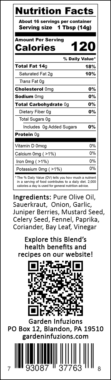 Garden Infuzions PA Dutch Pork & Kraut Infused Olive Oil Nutrition Label
