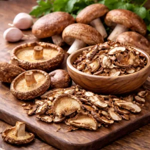 Shiitake mushrooms displayed fresh and dried on a rustic surface, highlighting texture and umami-rich caps
