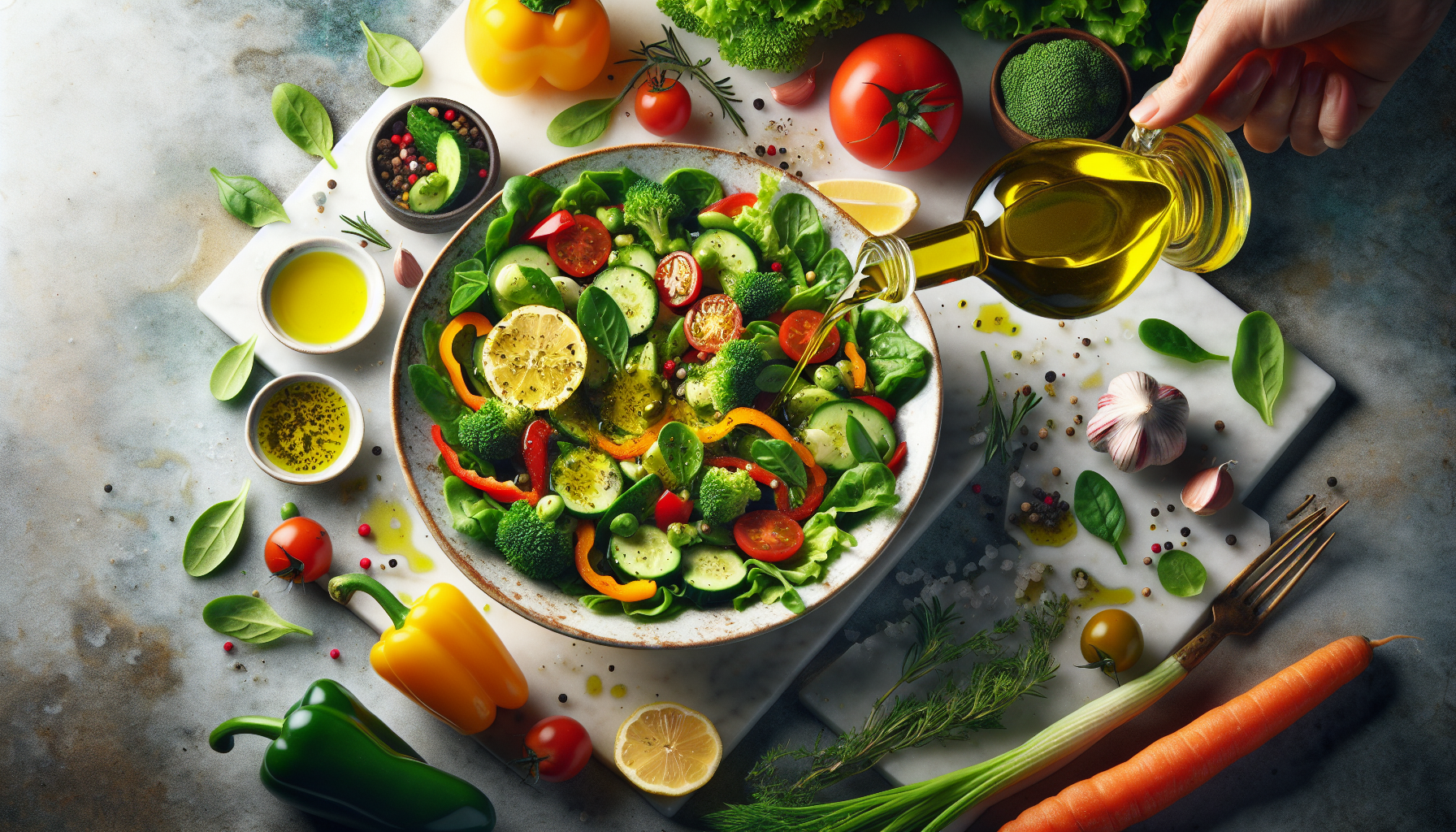 Infused olive oil salad dressing drizzled over fresh greens with vegetables and herbs