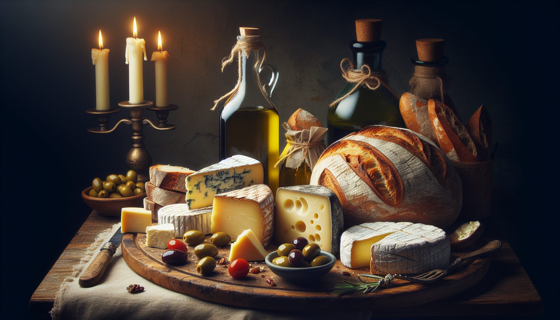 Infused olive oil pairings with artisan bread cheese and olives on rustic wooden board