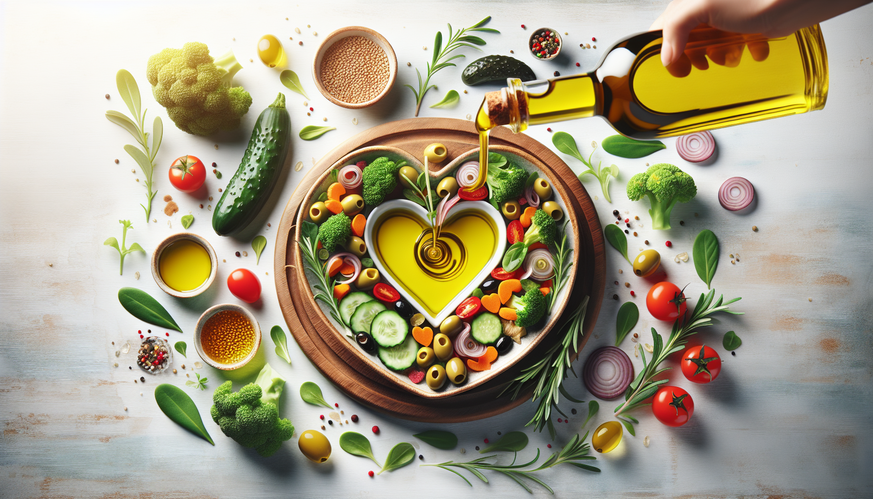 Health benefits of olive oil shown drizzling over Mediterranean meal with heart herbs