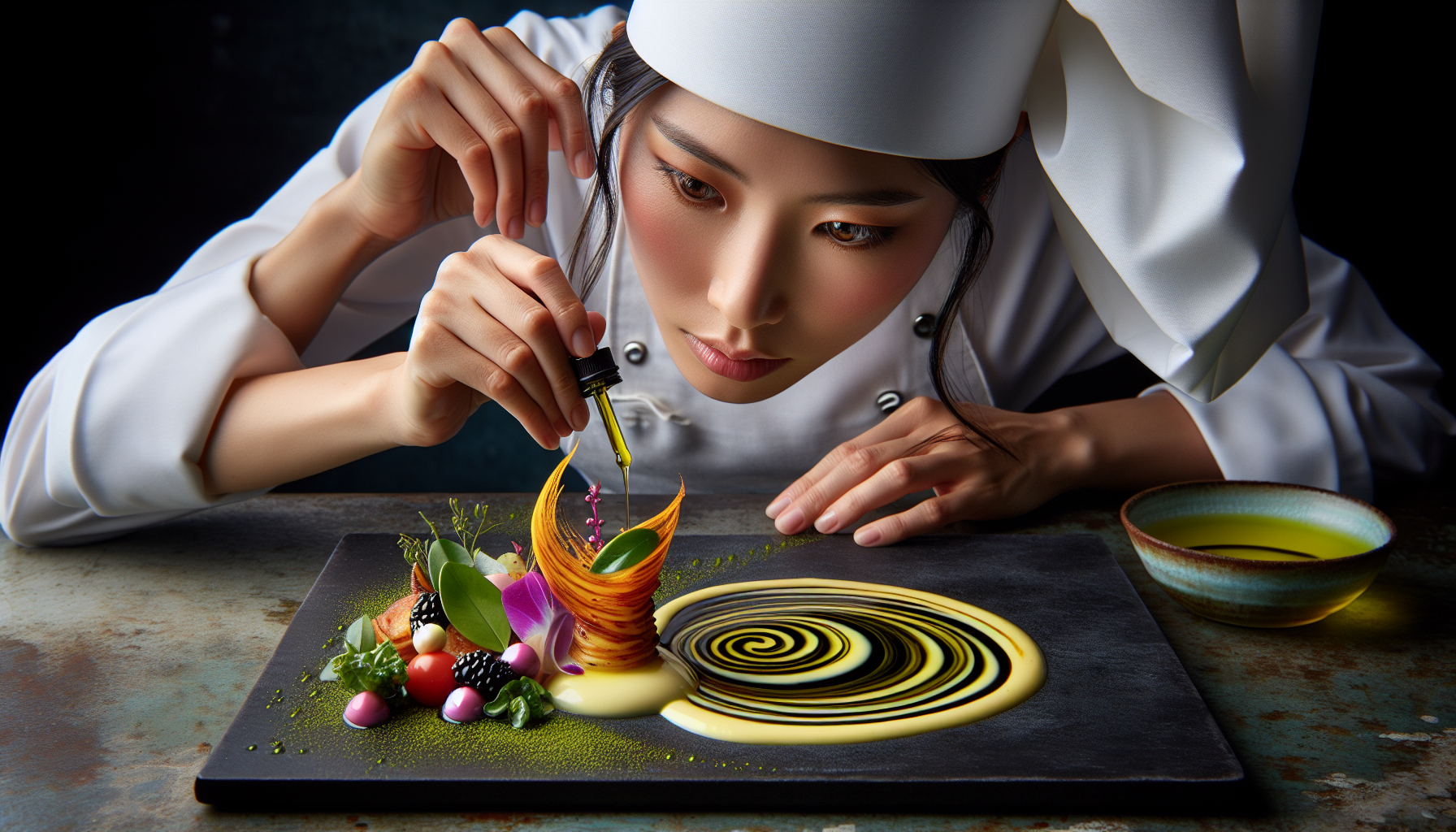 Culinary creativity with olive oil showing artistic plating and creative cooking techniques