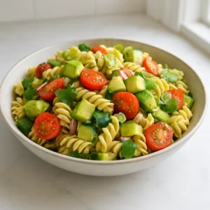 Avocado pasta salad with cilantro, lime, and fresh vegetables
