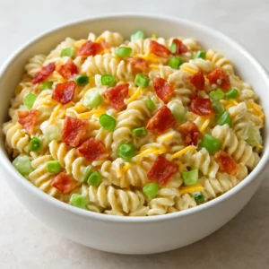 A bowl of bacon cheddar ranch pasta salad with rotini, cheddar, bacon, and green onions