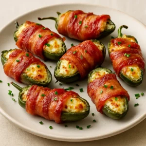 Bacon jalapeño poppers stuffed with cream cheese and finished with chives