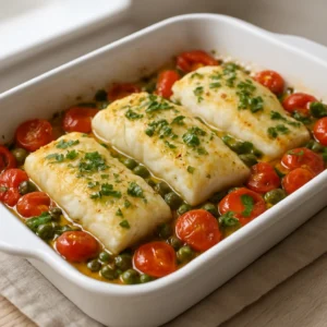 Baked cod with lemon, cherry tomatoes, capers, and herbs in a white baking dish