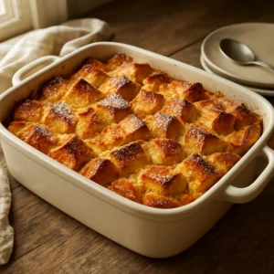 Baked French Toast Casserole with a golden brown top and soft brioche interior