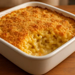 Baked mac and cheese with a golden breadcrumb topping in a white casserole dish