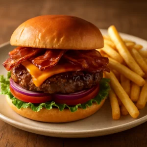BBQ bacon cheeseburgers with melted cheddar, crisp bacon, and toasted buns