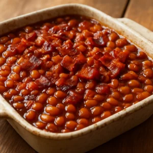 A rustic dish of glossy BBQ baked beans with bacon bits and caramelized sauce