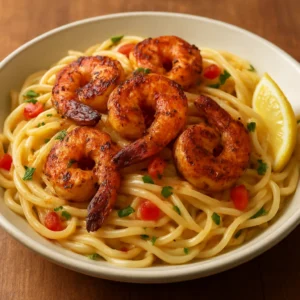 Blackened shrimp pasta with creamy Cajun sauce, red bell pepper, and parsley