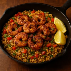 Blackened shrimp and rice skillet with peppers, onions, parsley, and lemon wedges