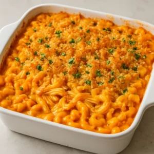 Buffalo chicken mac and cheese baked with a golden breadcrumb topping