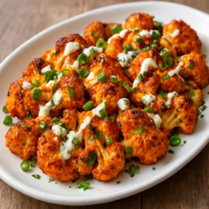 Roasted cauliflower with buffalo seasoning, ranch drizzle, scallions, and blue cheese
