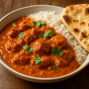 Butter chicken in creamy tomato curry sauce served with basmati rice and naan