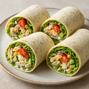 Buttermilk ranch chicken wraps filled with chicken, lettuce, tomatoes, cheddar, cucumber, and red onion
