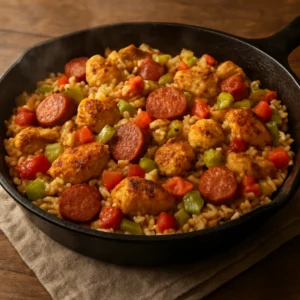 Finished Cajun chicken and sausage skillet with rice, sausage, and vegetables in a cast iron pan