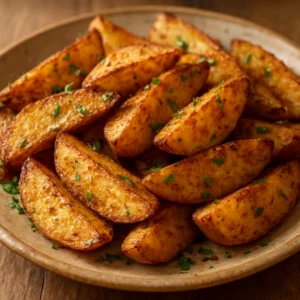 Roasted Cajun potato wedges finished with herbs on a rustic plate