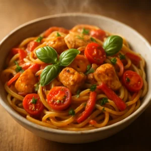 Spicy chicken pasta with cherry tomatoes, bell pepper, basil, and creamy tomato sauce