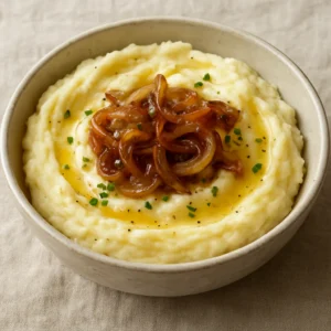 Creamy mashed potatoes topped with caramelized onions and chives