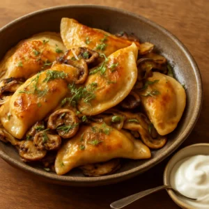 Golden pierogies with caramelized onions, mushrooms, dill, and sour cream
