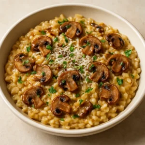 Creamy caramelized onion mushroom risotto topped with Parmesan and parsley