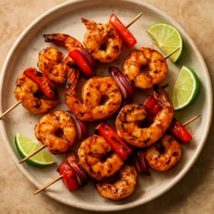 Caribbean grilled shrimp skewers with lime and vegetables