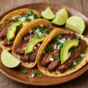 Carne asada street tacos with onion, cilantro, avocado, queso fresco, and lime wedges