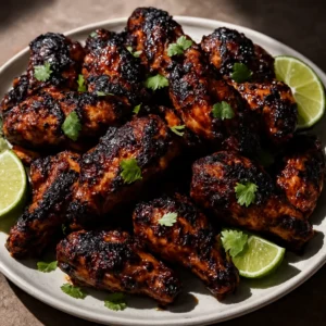 Fire-grilled chicken wings with sticky glaze, cilantro, and lime wedges