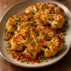 Roasted cauliflower steaks topped with garlic Parmesan crumbs and parsley