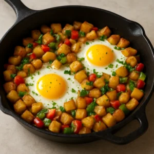 Cast iron breakfast skillet with eggs, potatoes, bell peppers, and parsley