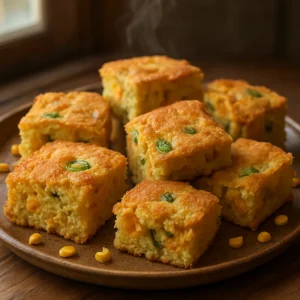 Golden cheddar cornbread squares with jalapeño and corn