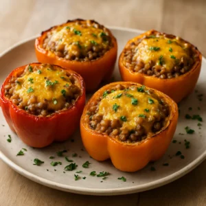 Cheeseburger stuffed peppers topped with melted cheddar and parsley