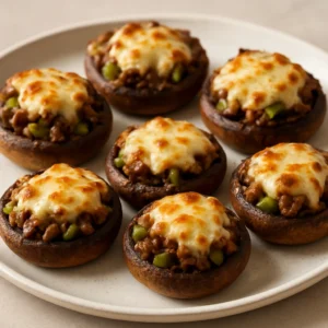 Cheesesteak stuffed mushrooms with beef, peppers, onions, and melted provolone