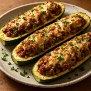 Cheesesteak-stuffed zucchini boats with beef, peppers, onions, and melted provolone