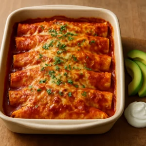 Baked chicken enchiladas topped with melted cheese, red enchilada sauce, cilantro, and avocado slices